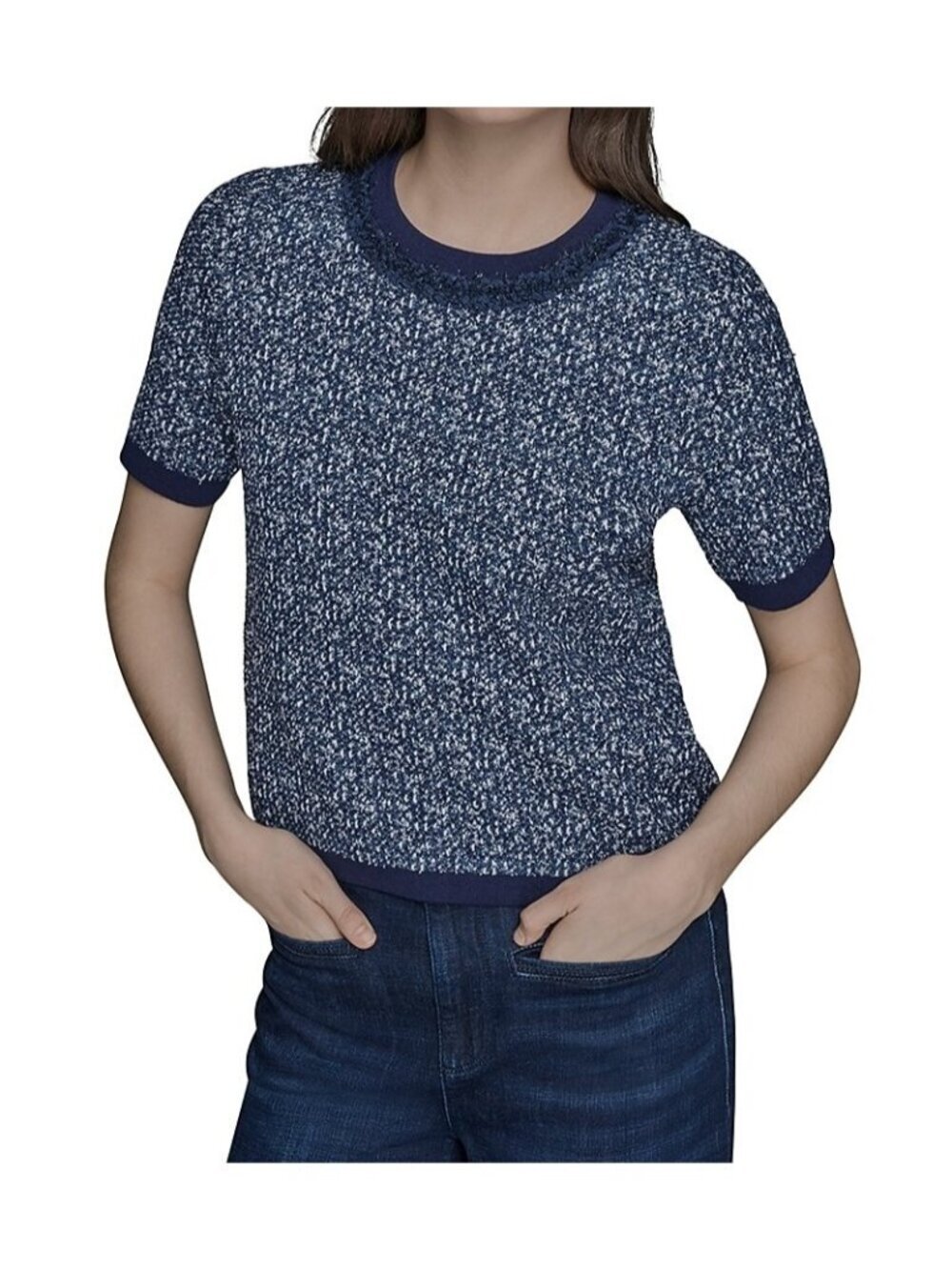 NWT Karl Lagerfeld Paris Blue White Tweed Denim Short Sleeve Sweater L MSRP $119